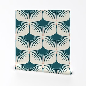 Carta da parati Art Déco - Cigni Art Déco di Katerhees - Rotolo di carta da parati autoadesiva rimovibile Art Déco Teal Beige Wingspan Glam di Spoonflower