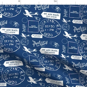 Vintage Mail Fabric - Mail Dark Blue By Thepinkhome - Postal Service Post Office Letter Stamp Cotton Fabric By The Yard With Spoonflower