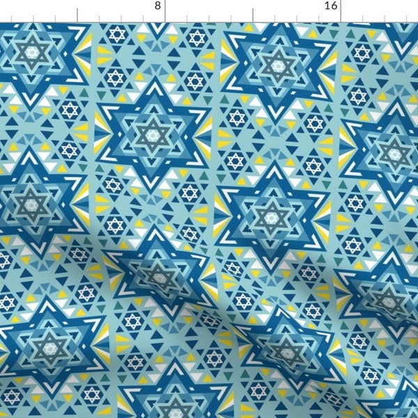 Hanukkah Star Fabric - Star Of David by mintparcel - Jewish Symbol Jewish Holiday Celebration Yellow Blue Fabric by the Yard by Spoonflower