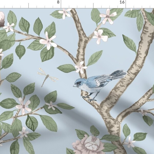 Nature Fabric - Birds In Branches by danika_herrick - Light Blue Blue Birds Leaves Botanical Garden Floral Fabric by the Yard by Spoonflower