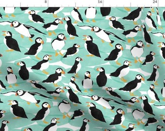 Puffins Blue Birds Fabric - Fluffy Puffins By Natalievmason - Puffins Bird On Blue Animal Nursery Cotton Fabric By The Yard With Spoonflower