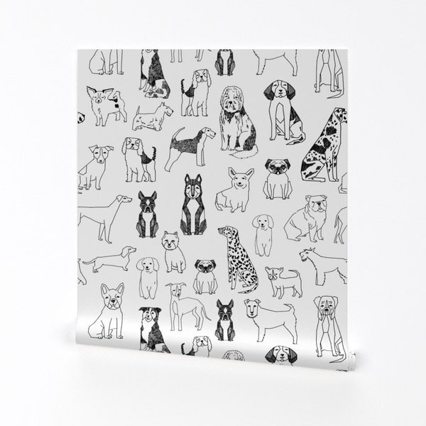 Hunde Tapete - Schwarzweiß-Illustration Haustier von Andrea Lauren - Spoonflower Individuell bedruckte, abnehmbare, selbstklebende Tapetenrolle