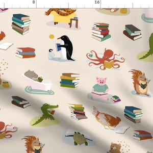 Animal Nursery Fabric - Animal Readers By Dasbrooklyn - Beige Kids Book Library Novels Literature Cotton Fabric By The Yard With Spoonflower