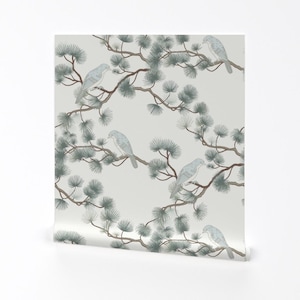 Chinoiserie Woodland Removable Peel and Stick Wallpaper - Pine Tree Neutral Woods - Wall Art Wall Decor - Birds In The Woods by yara_dutra
