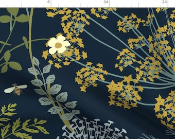 Botanical Fabric - Wildflowers by chicca_besso - Grasses Honeybees Xl Scale Floral Nature Dark Blue Gold Fabric by the Yard by Spoonflower