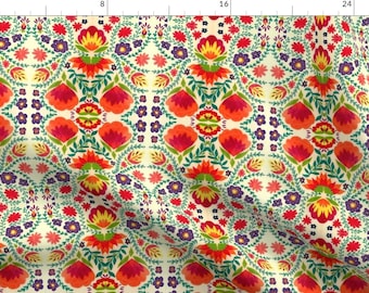 Folk Floral Fabric - Folklore Cream by napolicreates - Small Scale European Bright Red Traditional Fabric by the Yard by Spoonflower