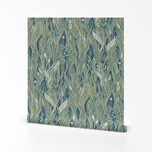 Nature Wallpaper - Imaginary Grassy Meadow -Dusty Colors By Lalalamonique - Green Blue Removable Self Adhesive Wallpaper Roll by Spoonflower