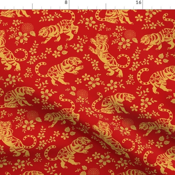 Red Asian Fabric - Chinese New Year 2022 Year Of The Tiger By Taranealart - Red Yellow Blossoms Cotton Fabric By The Yard With Spoonflower