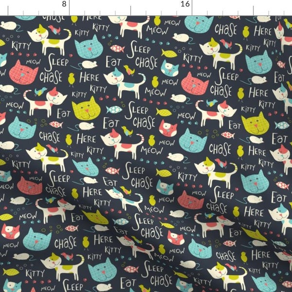 Cat Fabric - Here Kitty Kitty Whimsical Cats Typography By Heatherdutton - Cat Heads Kitty Cotton Fabric By The Yard With Spoonflower