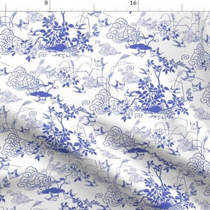 Blue Swallows Toile Fabric - Birds And Berries Blue By Vinpauld - Blue Bird Cottage Chic Cotton Fabric By The Yard With Spoonflower