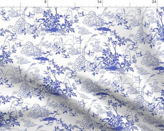 Blue Swallows Toile Fabric - Birds And Berries Blue By Vinpauld - Blue Bird Cottage Chic Cotton Fabric By The Yard With Spoonflower