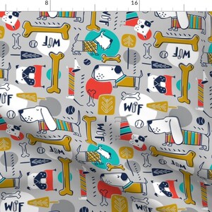 Dog Fabric - Dog Park - Gray Multi By Heatherdutton - Dogs Bones Balls Trees Gray Red Teal White Cotton Fabric By The Yard With Spoonflower