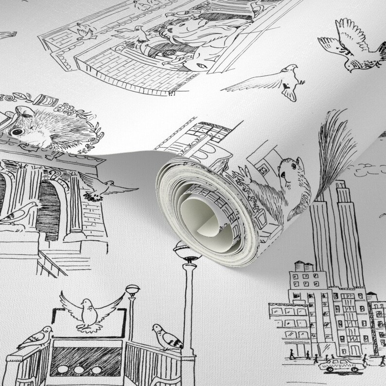 New York Toile Wallpaper Nyc Squirrels and Pigeons by - Etsy