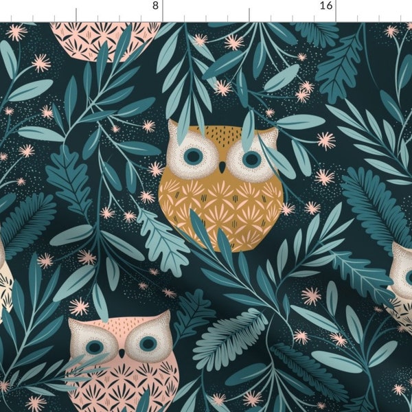 Nocturnal Animals Fabric - Nocturnal Animals By Garabateo - Teal Owl Birds Leaves Woodland Forest Cotton Fabric By The Yard With Spoonflower