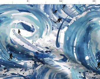 Abstract Summer Paint Fabric - Mavericks By Sarah Treu - Surfing Beach Abstract Blue White Fun Cotton Fabric By The Yard With Spoonflower
