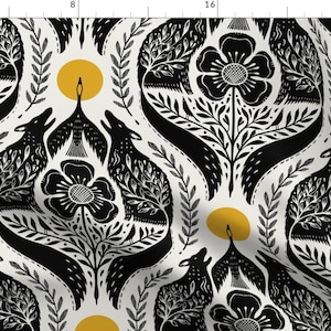 Folk Wolves Fabric -  Wolves At Full Moon by irisbarges - Mystical Scandi Witchy Spiritual Folk Art Black Fabric by the Yard by Spoonflower