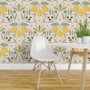 Yellow Peel and Stick Wallpaper -  Butterfly Damask Olive Lemon Italy - Removable Wall Decor Art - Lemon Butterfly Damask by dalightdesign
