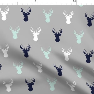 Deer Fabric - Deer - Navy,Mint,Grey,White By Sugarpinedesign - Deer Heads Gray Navy Mint White Cotton Fabric By The Yard With Spoonflower