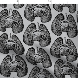 May include: A seamless pattern featuring a black and white anatomical illustration of human lungs and heart on a light gray background.