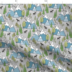 Mountains Fabric - Forest Adventure Woodland Trees Moose Canada PNW Blue On Grey By Caja Design - Cotton Fabric By The Yard With Spoonflower image 1