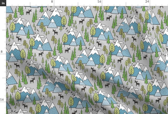 Mountains Fabric - Forest Adventure Woodland Trees Moose Canada PNW Blue On Grey By Caja Design - Cotton Fabric By The Yard With Spoonflower