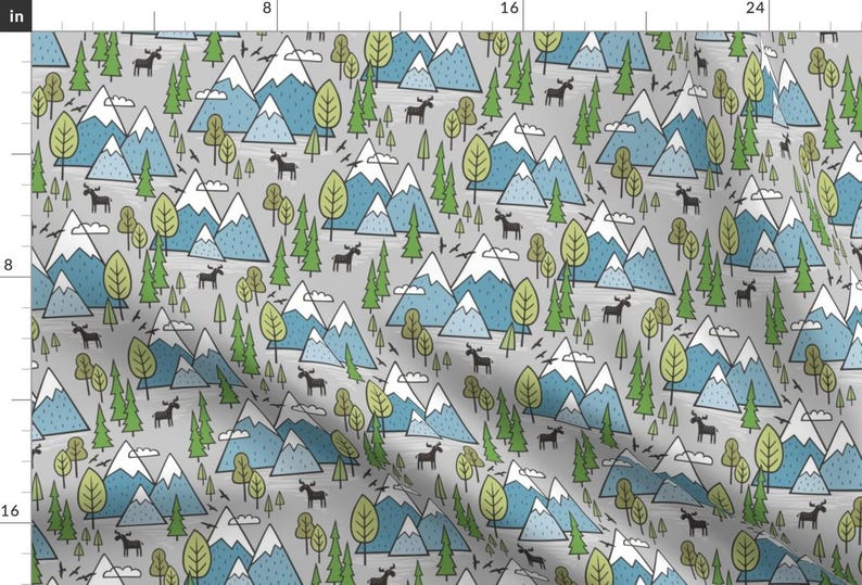 Mountains Fabric - Forest Adventure Woodland Trees Moose Canada PNW Blue On Grey By Caja Design - Cotton Fabric By The Yard With Spoonflower image 1
