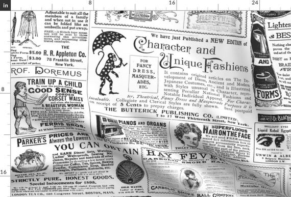 Vintage Ads Fabric - Old Newspaper by peagreengirl -  Black And White Lettering Typography Victorian Fabric by the Yard by Spoonflower
