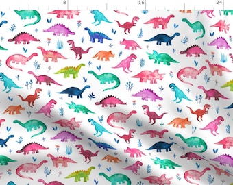 Dino Fabric - Little Multicolored Dinos On White By Micklyn- Watercolor Tiny Dinosaur Kid Nursery Cotton Fabric By The Yard With Spoonflower