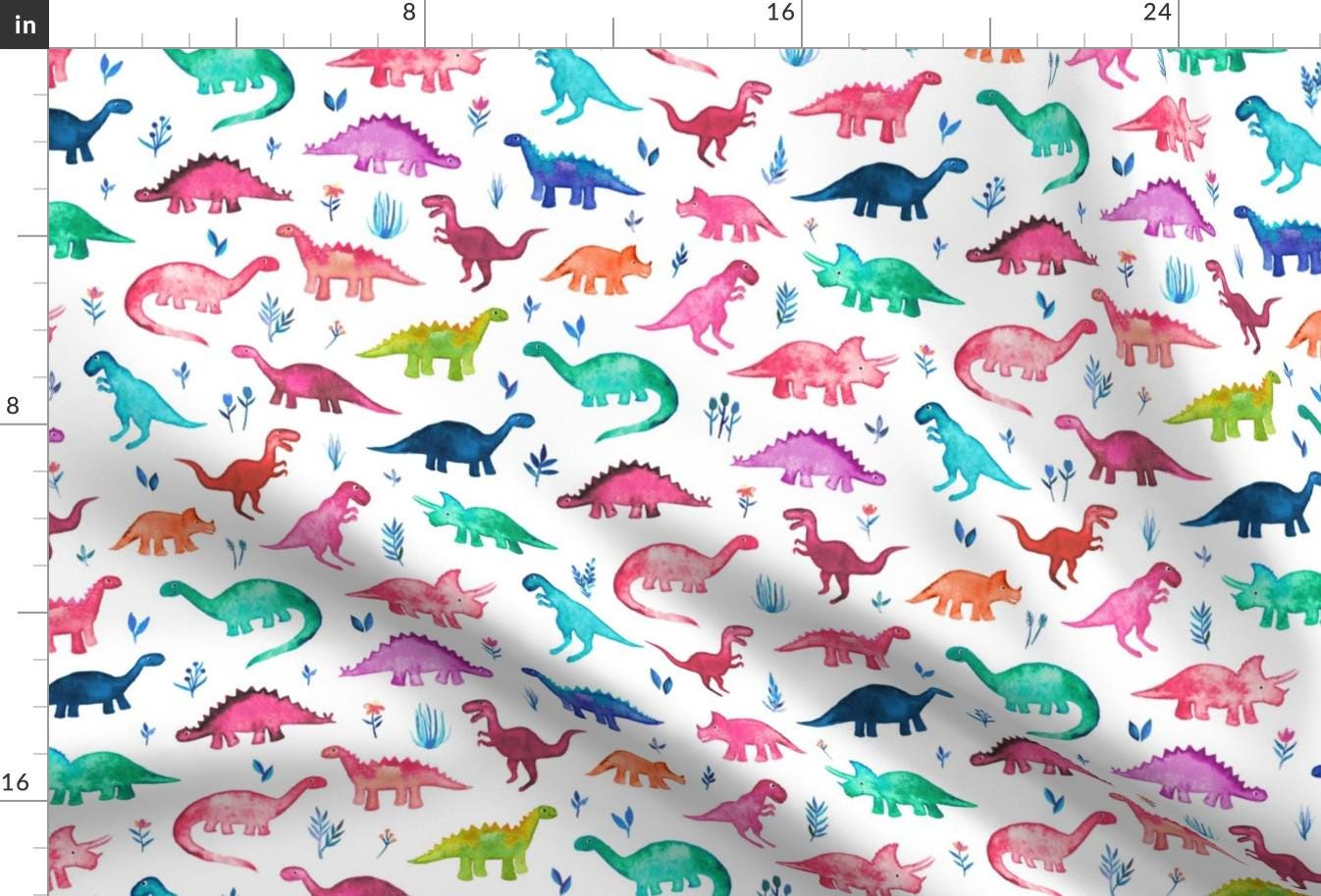 Dino Fabric Little Multicolored Dinos on White by Micklyn