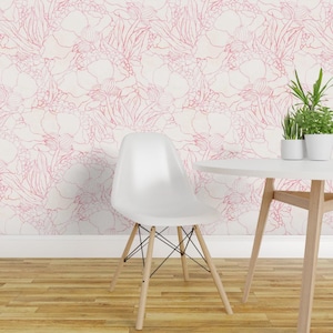 Pink Peel and Stick Wallpaper - Flower Floral Blossom Outline Peony Botanical  - Removable Wall Decor Art - Light Pink Peonies by lidiebug
