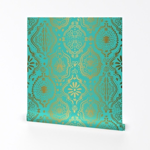 Moroccan Wallpaper - Moroccan Tile By Charlottewinter - Teal Bohemian Ethnic Gold Gilt Removable Self Adhesive Wallpaper Roll by Spoonflower