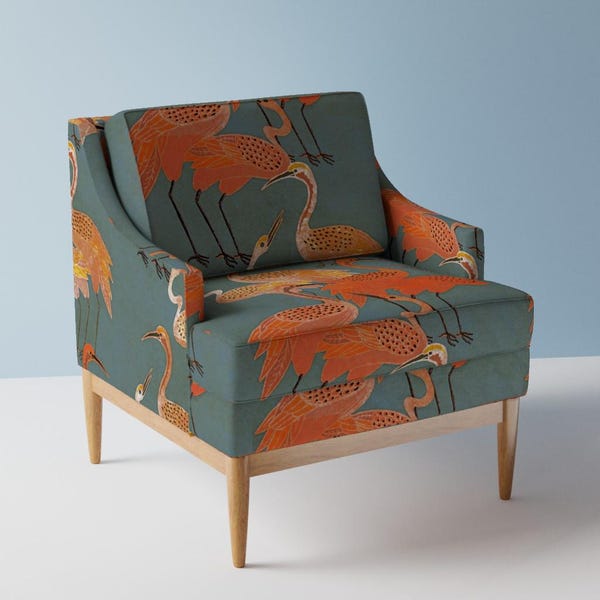 Orange Cranes Upholstery Fabric- Art Deco Cranes Coral by shellyreneedesigns - Chinoiserie Vintage  Fabric By The Yard With Spoonflower