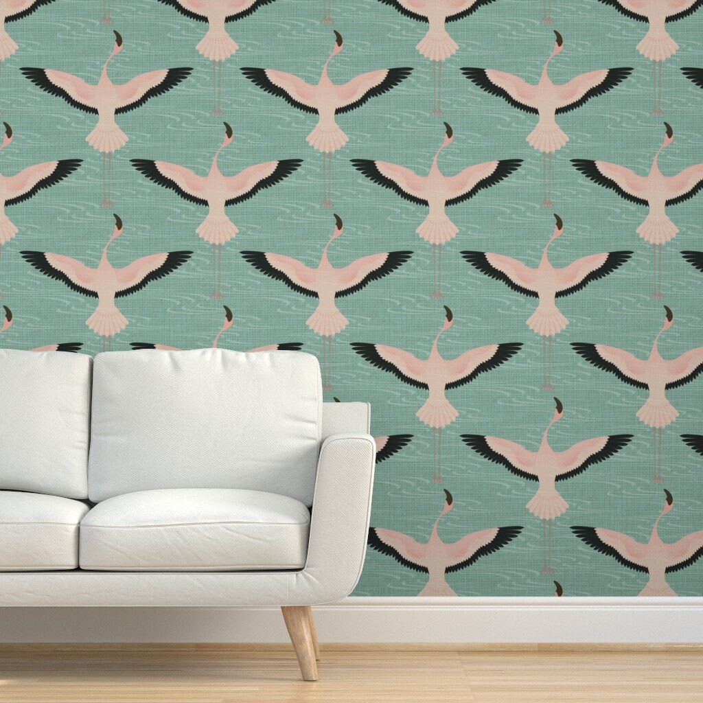 Flamingos Over The Sea By Studioxtine Flamingos Wallpaper Teal Wingspan Coastal Removable Self Adhesive Wallpaper Roll by Spoonflower