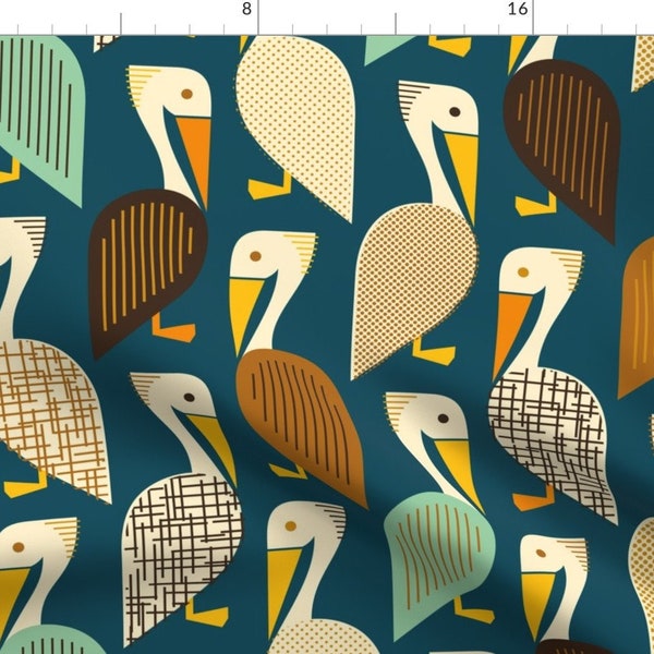 Nautical Fabric - Brown Pelican - Making A Comeback By Katerhees - Navy Blue Bird Ocean Beach Cotton Fabric By The Yard With Spoonflower