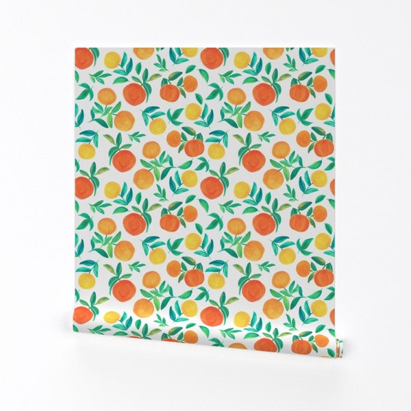 Orange Wallpaper - Oranges By Dariara - Orange Yellow Green Citrus Custom Printed Removable Self Adhesive Wallpaper Roll by Spoonflower