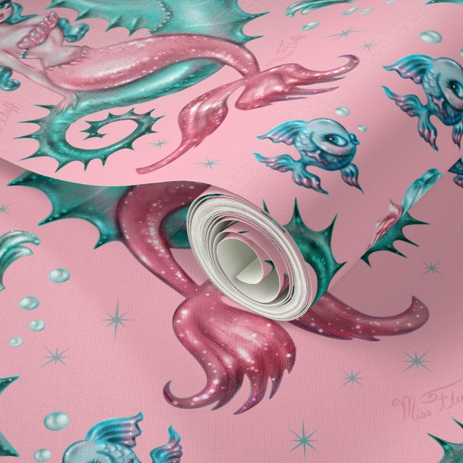 Vintage Mermaid Wallpaper Mermaid on Pink Small by Miss - Etsy