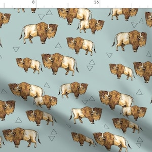 Watercolor Buffalo Fabric - Buffalo + Triangles On Blue By Taraput - Southwestern Buffalo Cotton Fabric By The Yard With Spoonflower