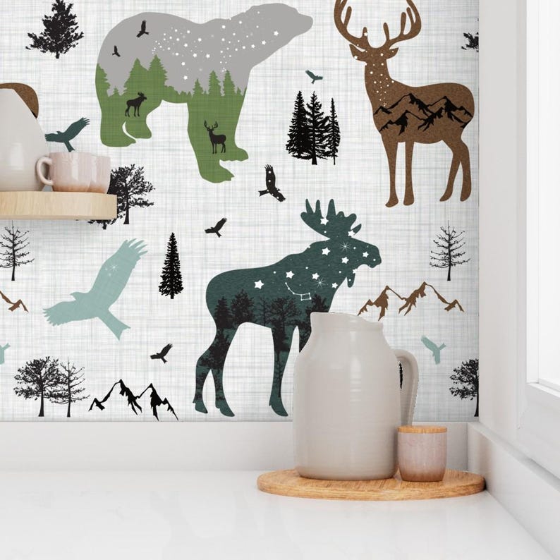 Skogstapet - Skogsdjur på linne av Karolina Papiez - Specialtryckt avtagbar självhäftande tapetrulle av Spoonflower bild 7