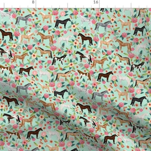 Horse Fabric - Horse Multi Coat Floral Horses Fabric Mint By Petfriendly - Horse Floral Nursery Cotton Fabric By The Yard With Spoonflower