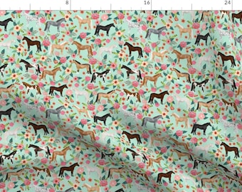 Horse Fabric - Horse Multi Coat Floral Horses Fabric Mint By Petfriendly - Horse Floral Nursery Cotton Fabric By The Yard With Spoonflower