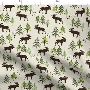 Moose Fabric - Forest Moose Tracks - Woodland Pine Trees - Large Scale A By Gingerlous - Moose Cotton Fabric By The Yard With Spoonflower