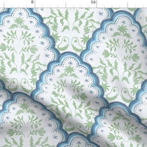 Scallop Botanical Fabric - Blue And Green Scallop  by danika_herrick - India Paisley Block Print Fabric by the Yard by Spoonflower
