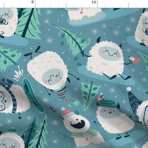 Cryptozoology Fabric - Cute Yeti By Angela Sbandelli - Kid's Winter Monster Mountain Forest Blue Cotton Fabric By The Yard With Spoonflower
