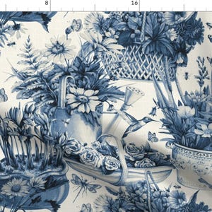 May include: A blue and white floral pattern with hummingbirds, butterflies, and watering cans. The pattern is on a white background and is perfect for fabric, wallpaper, or home decor.