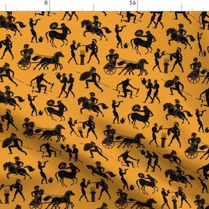 May include: A seamless pattern featuring black silhouettes of Greek figures on a yellow background. The figures include warriors, charioteers, and horses. The pattern is repeated throughout the design.
