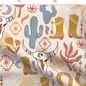 Navajo Fabric - Home On The Range By Lauren Faye Peachey - Blue Blush Yellow Steer Cattle Cactus Cotton Fabric By The Yard With Spoonflower