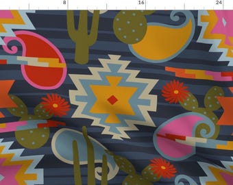 Aztec Fabric - Western Wonder By Dessineo - Southwestern Tribal Geometric Cactus Blue Pink Green Cotton Fabric By The Yard With Spoonflower