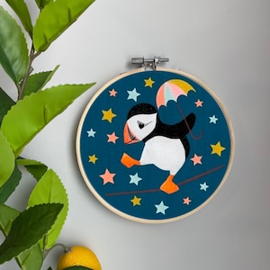 Kids Embroidery Template on Cotton - Baby Puffin By rebeccaflahtery - Circus Embroidery Pattern for 6" Hoop Custom Printed by Spoonflower