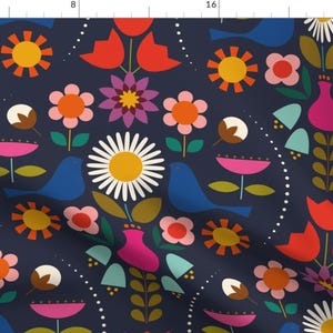 Flower Fabric - Scandinavian Primavera By Katerhees - Navy Colorful Folk Damask Dutch Trending Cotton Fabric By The Yard With Spoonflower