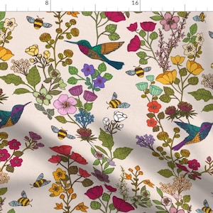 Hummingbird Fabric - Hummingbirds And Bees by ceciliamok - Colorful Birds Botanical Floral Garden Fabric by the Yard by Spoonflower